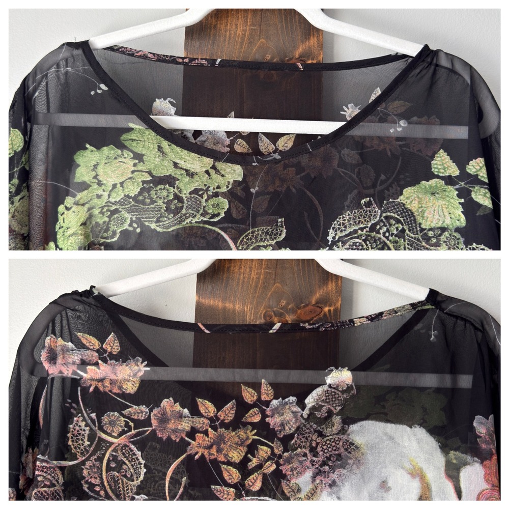 Boho Sheer Chiffon Poncho Top Womens One Size Black Floral Paisley Draped Blouse - Picture 6 of 16